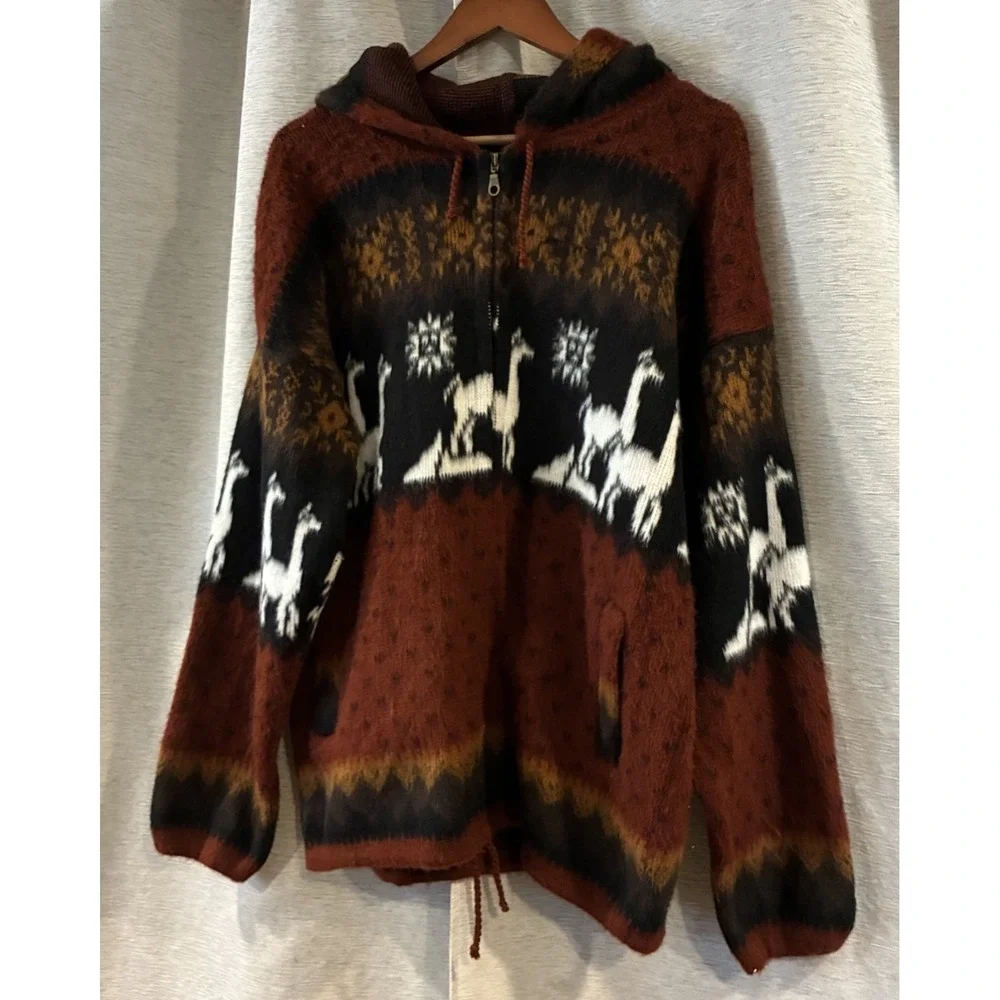 Vintage Alpaca Hoodie Jacket Made In Ecuador Men's Large